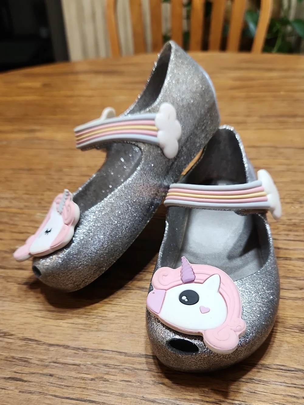 Mini Melissa. Girls Mary Janr Silver Glitter Unicorn Size 7 Or 7.5